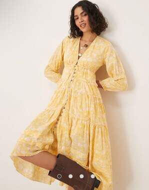 Free People “Sunshine Combo” Floral Tiered Maxi Dress – Size Medium